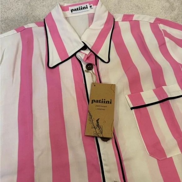 NWT Patiini Matching Pink/White Striped Pajama Set with Eye Mask Womens Size M - Picture 7 of 8